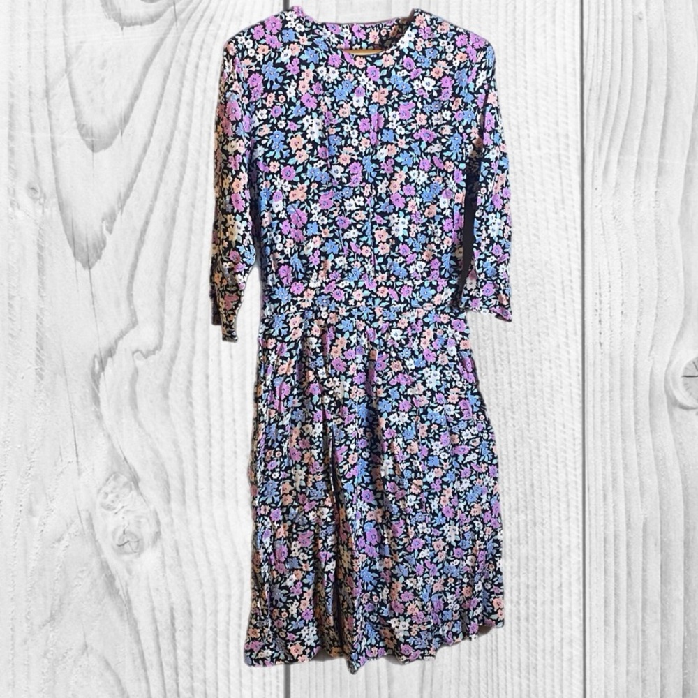 Lang Vintage 90's ditsy floral‎ midi dress 3/4 puff sleeve Fit Flare size 14